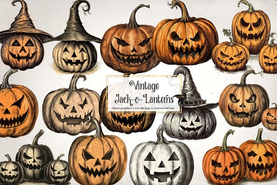 Vintage Jack-o-lantern Clipart, Antique Halloween Clip Art Graphics,  Ephemera Instant Download 