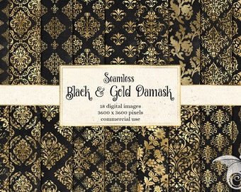 May include: A set of 18 digital seamless patterns featuring black and gold damask designs. The patterns are 3600 x 3600 pixels and are for commercial use.