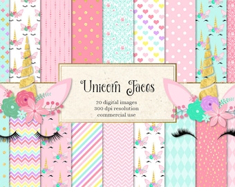 Unicorn Faces Digital Papers and Clipart, rainbow pastel unicorn graphics for scrapbooking, invitations, planners, printable birthday props