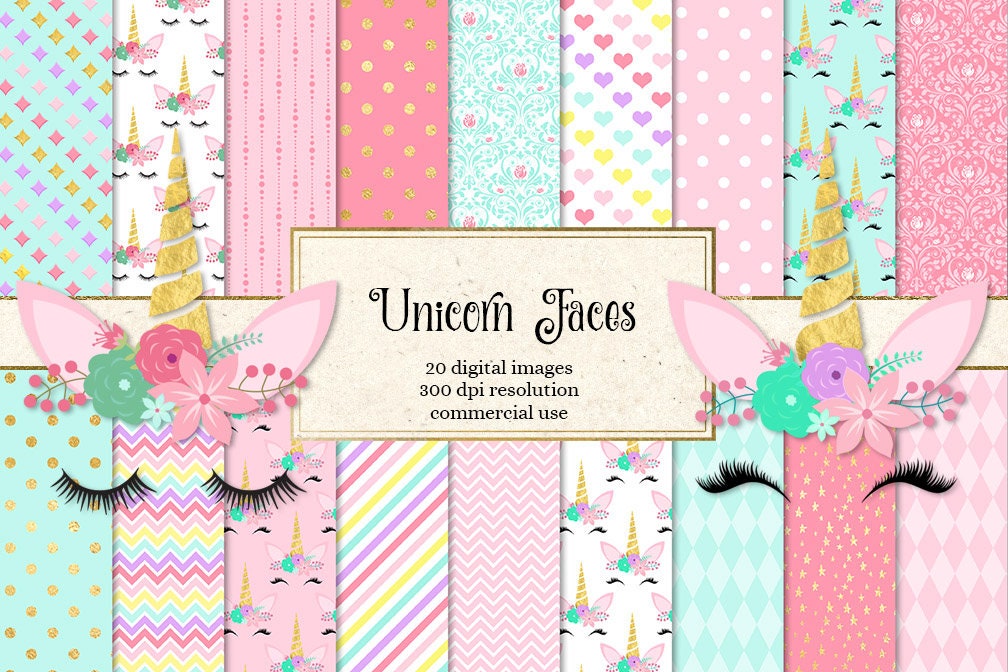 Unicorn Faces Digital Papers and Clipart, rainbow pastel unicorn grap…