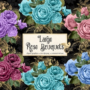 Large Rose Bouquets Clipart, pink and gold rose clipart with gold glitter and foil in blue and purple instant download for commercial use