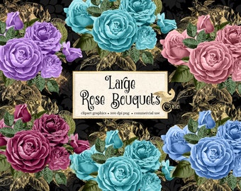Large Rose Bouquets Clipart, pink and gold rose clipart with gold glitter and foil in blue and purple instant download for commercial use