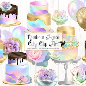 Rainbow Agate Cakes Clipart, pastel and gold baby shower birthday and wedding cake clip art instant download for commercial use
