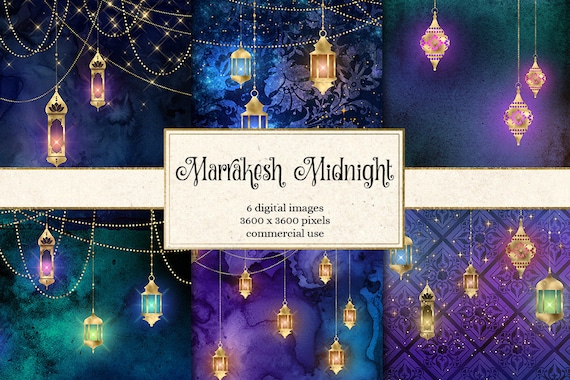 Marrakesh Midnight Digital Paper, Moroccan Lanterns, Gold String Lights (Digital Download)