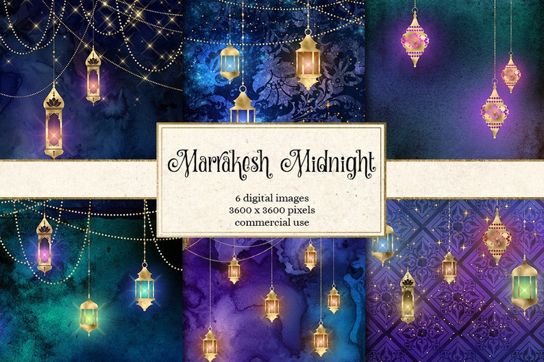 May include: Six digital paper designs featuring a Moroccan theme. The designs feature glowing lanterns, stars, and intricate patterns in shades of blue, purple, and gold. The text "Marrakesh Midnight" is displayed on a banner.