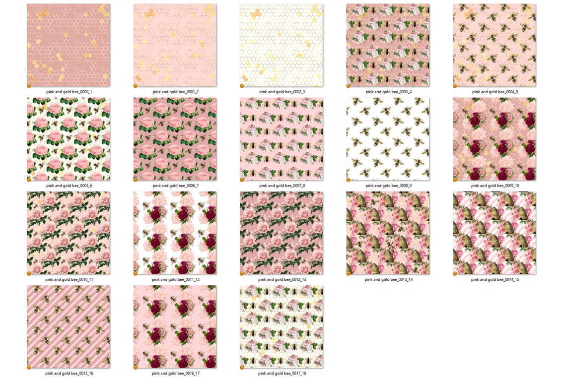 Pink and Gold Bees Digital Paper – Seamless Floral Patterns (digital ...