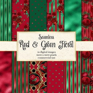 Rood en groen bloemen digitaal papier, naadloze kerstbloempatronen met folietexturen direct downloaden voor commercieel gebruik