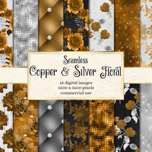 Copper Silver Floral Digital Paper, Seamless Rose Scrapbook Patterns (Digital Download)