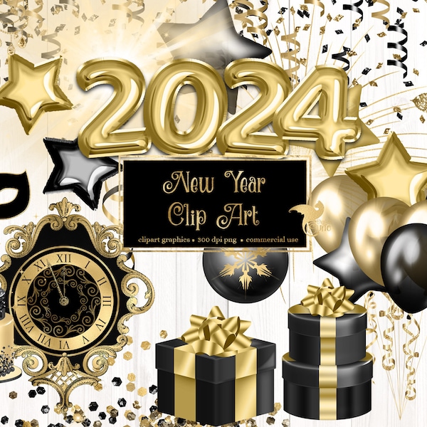 Neujahr Clip Art - digitale 2024 Party Feier Clipart Grafiken zum sofortigen Download kommerzielle Nutzung