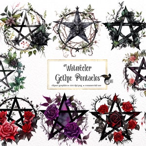 Clipart de pentagrama gótico em aquarela - pentagrama floral oculto formato PNG download instantâneo para uso comercial