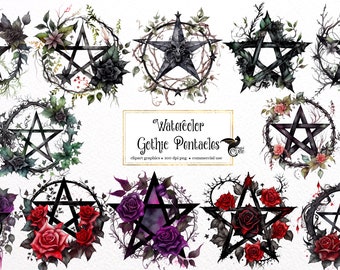 Watercolor Gothic Pentacle Clipart - floral pentagram occult PNG format instant download for commercial use