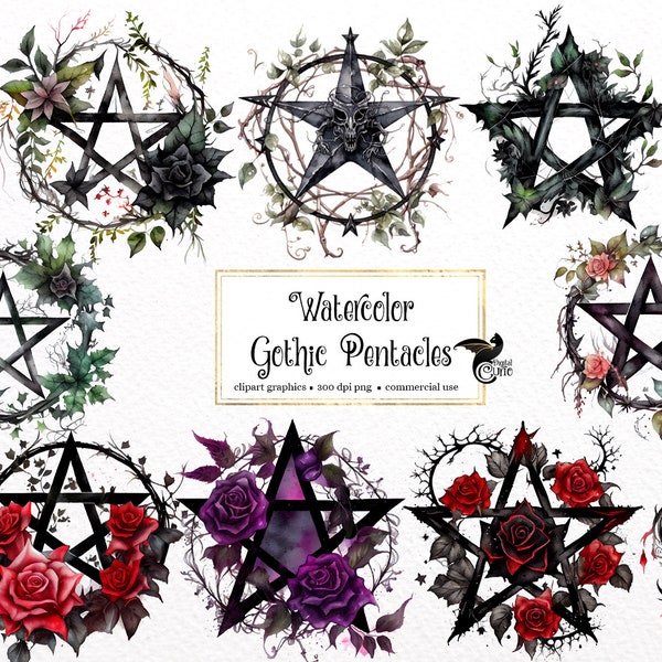 Watercolor Gothic Pentacle Clipart - floral pentagram occult PNG format instant download for commercial use