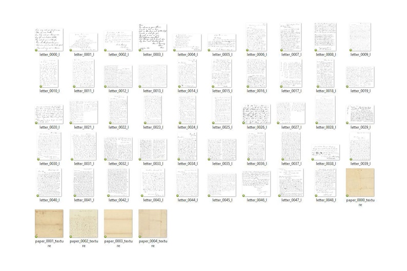 May include: A collection of 49 vintage handwritten letters and paper textures. The letters are in black ink on white paper. The paper textures are in various shades of beige and brown.