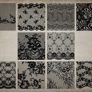 May include: A collage of ten different black lace patterns on a textured beige background. Each pattern features a unique design, including floral motifs, geometric shapes, and intricate swirls.