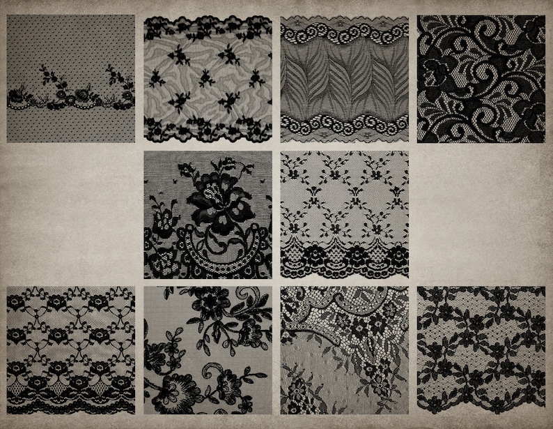 May include: A collage of ten different black lace patterns on a textured beige background. Each pattern features a unique design, including floral motifs, geometric shapes, and intricate swirls.