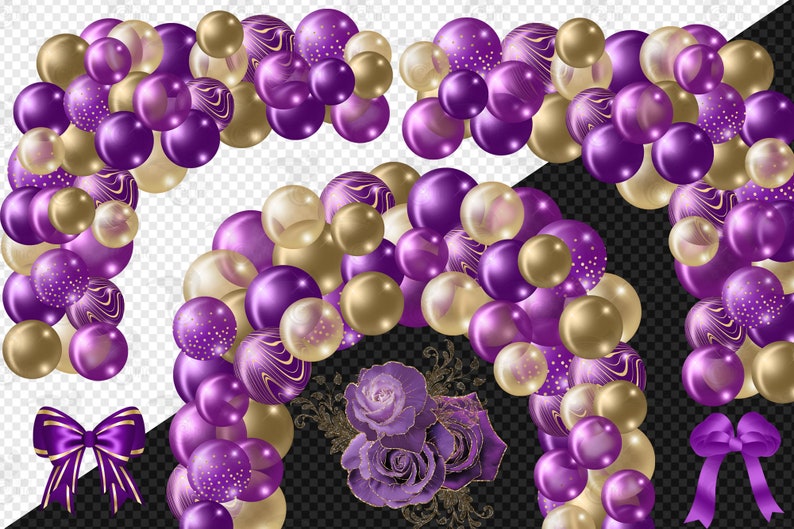Purple and Gold Balloon Arch Clipart, Ribbons, Confetti (PNG Digital ...