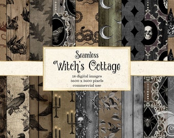 Witch Cottage Digital Paper Textures, seamless grunge pattern backgrounds, printable Halloween scrapbook paper for commercial use