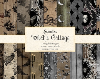 Witch Cottage Digital Paper, Grunge Halloween Patterns (Seamless)