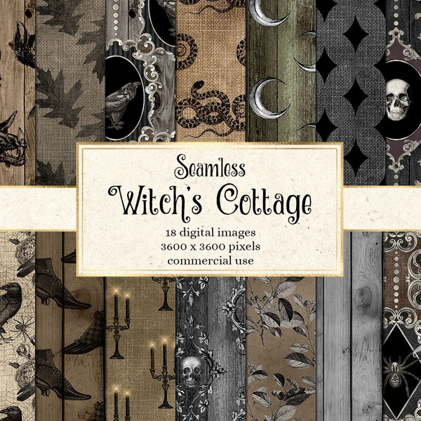 Witch Cottage Digital Paper Textures, seamless grunge pattern backgrounds, printable Halloween scrapbook paper for commercial use