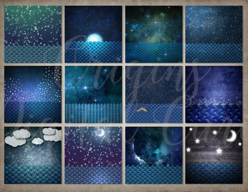 Ocean Dreams digital paper backgrounds, fantasy night sky scrapbook paper, nautical sea, mermaids, starry sky, night sky papers, moon, stars image 2