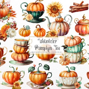 Aquarel Pumpkin Tea Clipart, herfst- en herfstvakantie theekopjes, Thanksgiving Pumpkin Spice Clip Art PNG-afbeeldingen voor commercieel gebruik