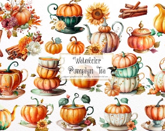 Watercolor Pumpkin Tea Clipart, Autumn PNG Graphics (Commercial Use)