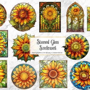Stained Glass Sunflowers Clipart - fantasy clip art graphics and collage sheets for altered art or junk journals instant download