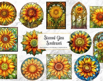 Könnte beinhalten: Ein Set mit 12 Clipart-Grafiken von Sonnenblumen aus Buntglas. Die Sonnenblumen sind in verschiedenen Stilen und Farben dargestellt, darunter Gelb, Orange und Grün. Die Grafiken eignen sich perfekt, um Ihren digitalen Projekten einen Hauch von Natur zu verleihen.