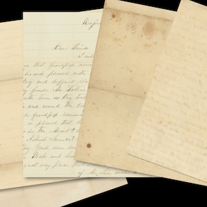 May include: A collection of four vintage, cream-colored, handwritten letters with faded ink. The letters are folded and stacked on top of each other. The top letter has the words "Dear Friends" written at the top.