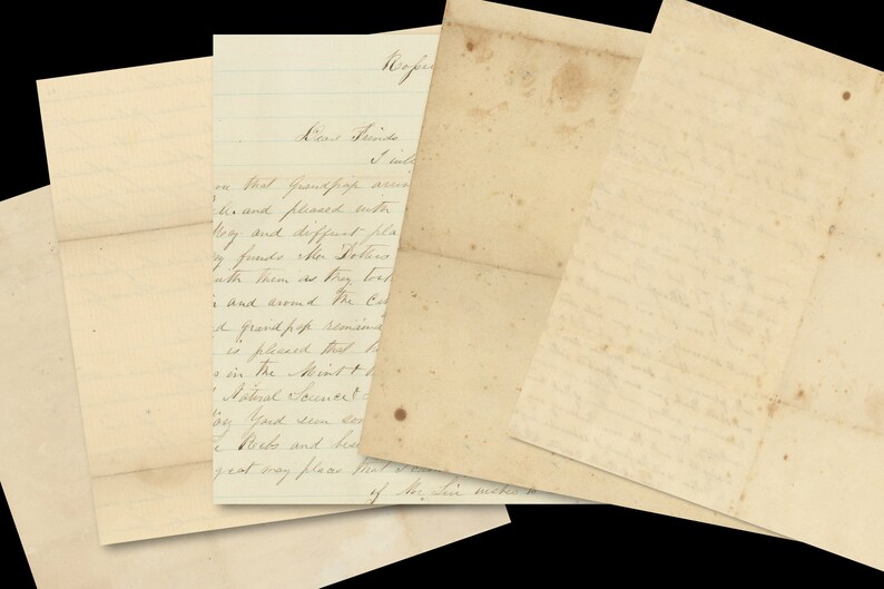 May include: A collection of four vintage, cream-colored, handwritten letters with faded ink. The letters are folded and stacked on top of each other. The top letter has the words "Dear Friends" written at the top.