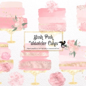 Blush Pink Watercolor Cakes Clip Art with gold glitter leaves and flowers in PNG format instant download for commercial use