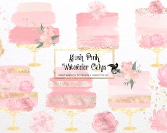 Blush Pink Watercolor Cakes Clipart, Gold Glitter (PNG, Digital Download)