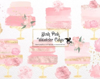 Blush Pink Watercolor Cakes Clip Art with gold glitter leaves and flowers in PNG format instant download for commercial use