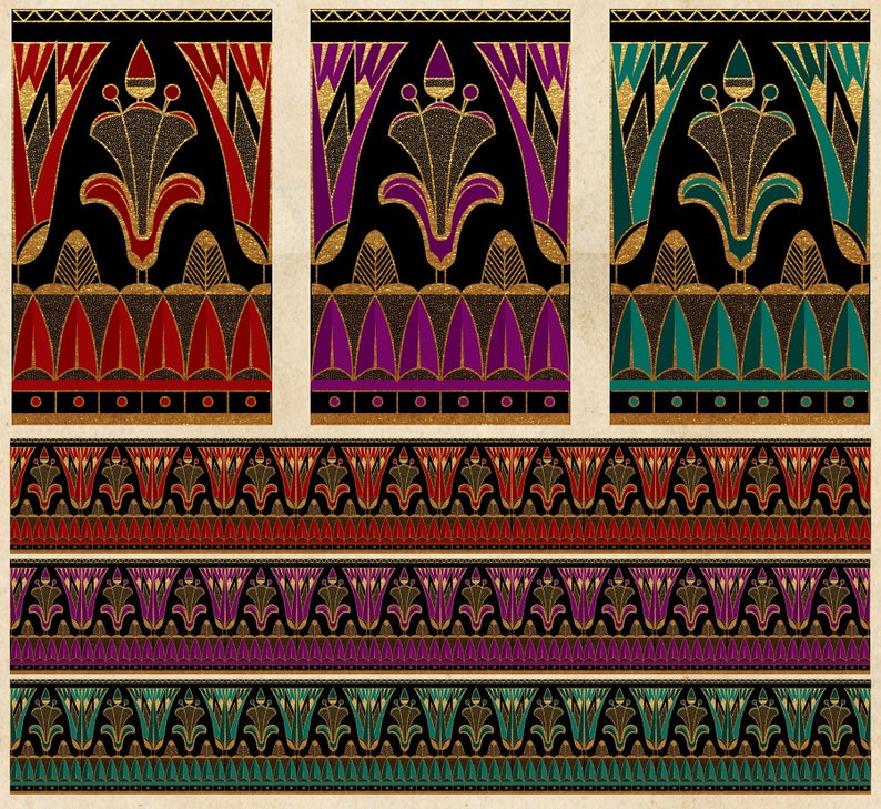 Art Deco Border, gold floral borders, seamless border clipart, Egyptian art deco border graphics, instant download, commercial use image 1