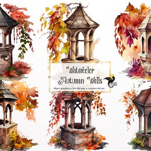 Aquarell Herbst Wells Clipart - Herbst niedliche kleine Wunschbrunnen PNG format sofortiger Download für kommerzielle Nutzung