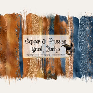 Copper and Prussian Brush Strokes Clipart, with copper glitter and blue foil in digital PNG format instant download for commercial use