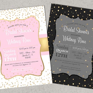 May include: Two bridal shower invitations with gold confetti and a pink and black color scheme. The text on the invitations reads "Please join us for a Bridal Shower honoring Whitney Rose. Sunday March 12th 12:00 pm to 3:00 pm 1200 Athens Ave. Lincoln, CA 95648. Please RSVP to angels at your email.com no later than March 7th."