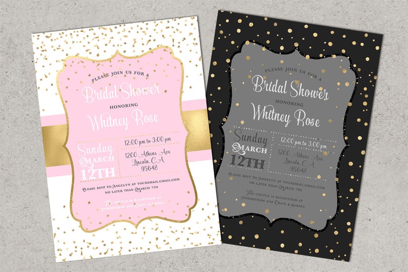 May include: Two bridal shower invitations with gold confetti and a pink and black color scheme. The text on the invitations reads "Please join us for a Bridal Shower honoring Whitney Rose. Sunday March 12th 12:00 pm to 3:00 pm 1200 Athens Ave. Lincoln, CA 95648. Please RSVP to angels at your email.com no later than March 7th."