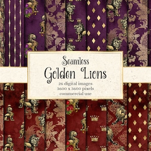 Golden Lions Digital Paper, seamless lion patterns printable scrapbook paper backgrounds instant download