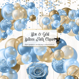 Blue and Gold Balloon Arch Clipart, balloon png digital overlays with ribbons and confetti instant download commercial use
