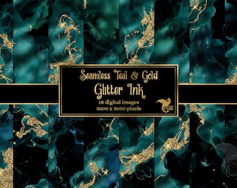 Teal and Gold Glitter Ink Digital Paper, Seamless Backgrounds (Digital Download)