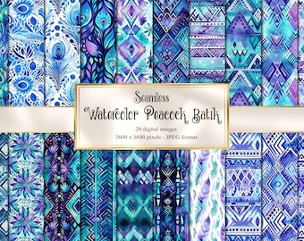 May include: A set of 20 digital seamless patterns featuring watercolor peacock feathers and geometric designs in shades of blue, purple, and teal. The patterns are 3600 x 3600 pixels and in JPEG format.