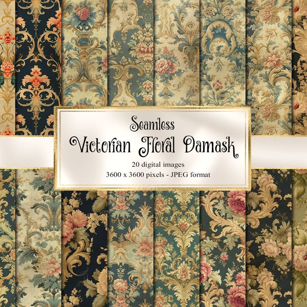 Papier numérique Victorian Floral Damask, téléchargement instantané papier scrapbook vintage, rococo, vieilles textures de papier, arrière-plans imprimables