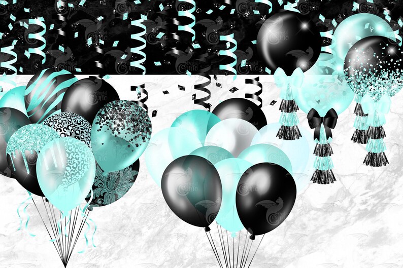 Puede incluir: Una colecci&oacute;n de globos negros y turquesa con confeti y serpentinas. Los globos est&aacute;n atados juntos con una cinta negra y flotan en el aire.