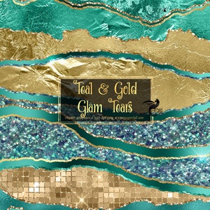 Teal and Gold Glam Tears Clipart - glitter and foil metallic luxury torn edge borders in png format for commercial use