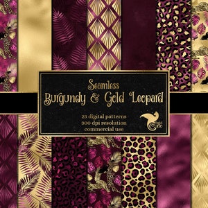 Burgundy and Gold Leopard Digital Paper, seamless leopard spot patterns, animal print in Art Deco style instant download commercial use