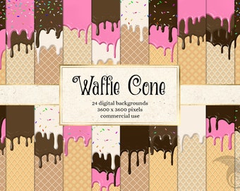 Waffle Cone Digital Paper - dripping chocolate and strawberry ice cream backgrounds with sprinkles printable scrapbook paper