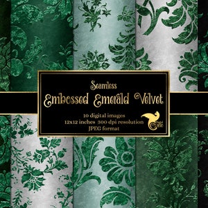 May include: A set of 10 digital seamless patterns featuring an embossed emerald velvet design. The patterns are 12x12 inches and 300 dpi resolution in JPEG format.