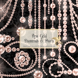 Rose Gold Diamonds and Pearls Clipart, sparkling bling jewel clip art graphics with rose gold pearls and gemstones