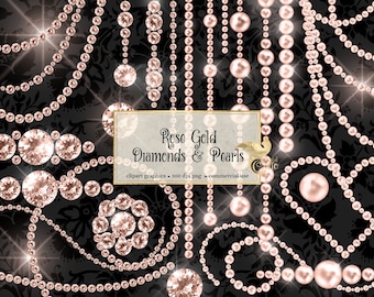 Rose Gold Diamonds and Pearls Clipart, sparkling bling jewel clip art graphics with rose gold pearls and gemstones